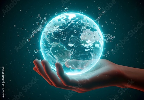 Glowing earth globe held in human hand with water splashes