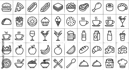 Obraz na płótnie Food and Drink Thin Line Icons Set with Restaurant Meals Beverages and Editable