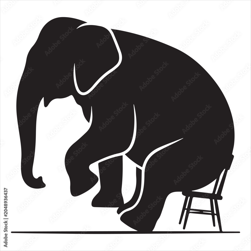 Fototapeta premium Elephant Awkwardly Perched On Small Chair Minimal Humor Concept