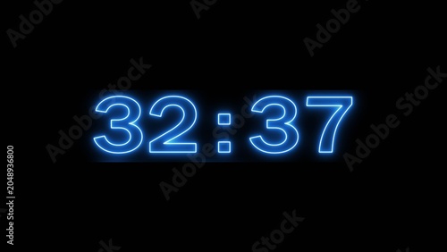 Neon countdown minute and second timer number on black background.