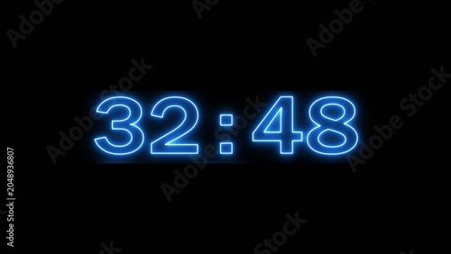 Neon countdown minute and second timer number on black background.