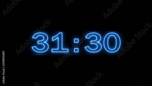 Neon countdown minute and second timer number on black background.