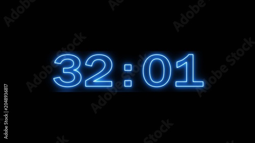 Neon countdown minute and second timer number on black background.