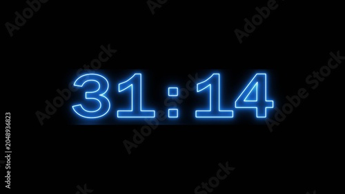 Neon countdown minute and second timer number on black background.
