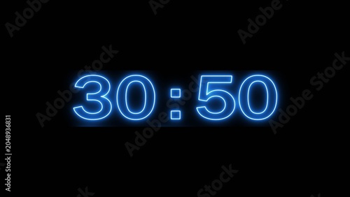 Neon countdown minute and second timer number on black background.