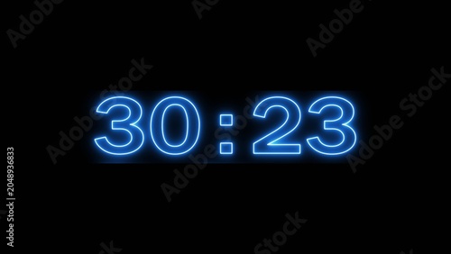 Neon countdown minute and second timer number on black background.