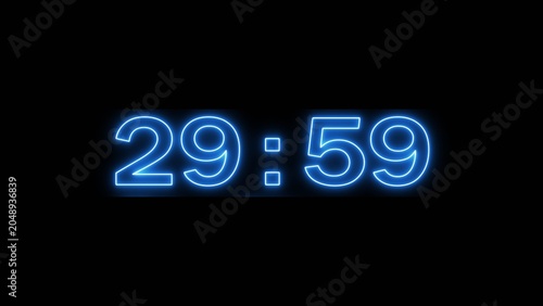 Neon countdown minute and second timer number on black background.