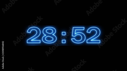 Neon countdown minute and second timer number on black background.
