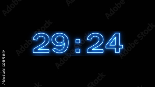 Neon countdown minute and second timer number on black background.