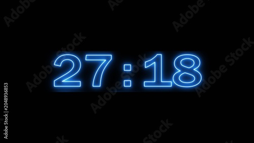 Neon countdown minute and second timer number on black background.