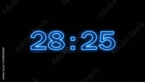 Neon countdown minute and second timer number on black background.