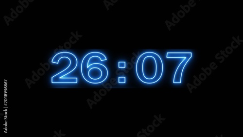 Neon countdown minute and second timer number on black background.
