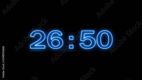 Neon countdown minute and second timer number on black background.