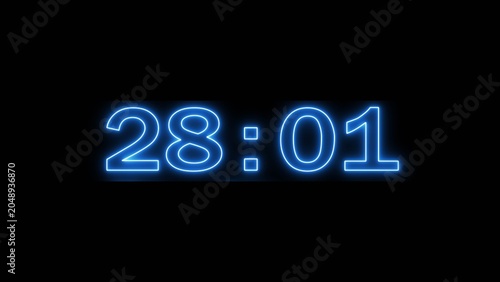 Neon countdown minute and second timer number on black background.