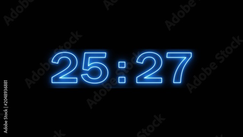 Neon countdown minute and second timer number on black background.