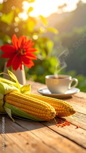 A serene outdoor setting with corn on the cob, a steaming cup of coffee, and a vibrant red flower on a rustic wooden table