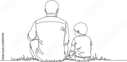 Foto Father and son sitting together on grass in continuous line art illustration sho