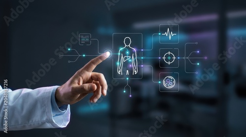 Healthcare professional interacting with virtual futuristic medical HUD screen showing human body diagnostics, digital health modern technology business concept