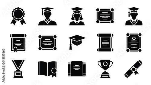 Set of 15 Black Graduation and Education Glyph Vector Icons