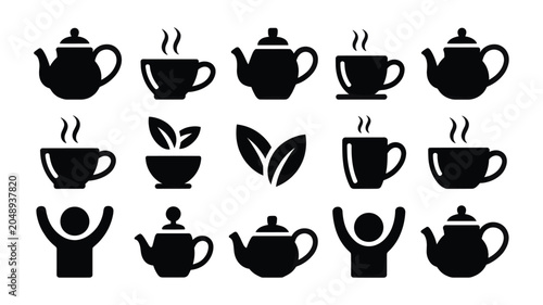 Fotografie Set of 15 Black Tea and Coffee Pot and Cup Vector Icons