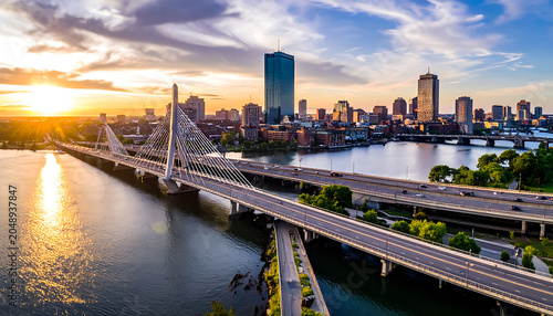Modern suspension bridge with illuminated towers at sunset, leading to a city skyline with skyscrapers across a river, traffic on highway.