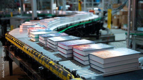 Books glide silently on a conveyor belt