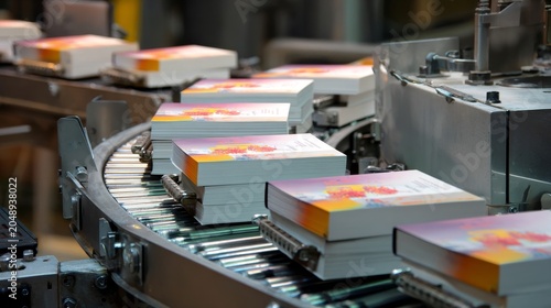 Books move along a conveyor belt in a factory