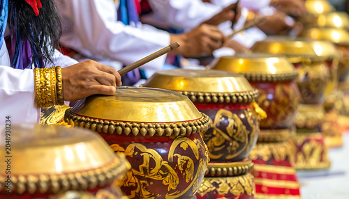 Musicians playing traditional Indonesian gamelan percussion instruments in a row, showcasing intricate details and vibrant colors, cultural performance