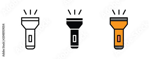 Portable electric flashlight and camping torch light icon set. Tactical beam searchlight equipment, outdoor adventure emergency illumination power symbol. Vector Illustration