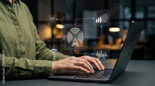Professional typing on laptop with digital telecommunication interface for wireless networking, 5G connectivity, internet speed modern technology business concept