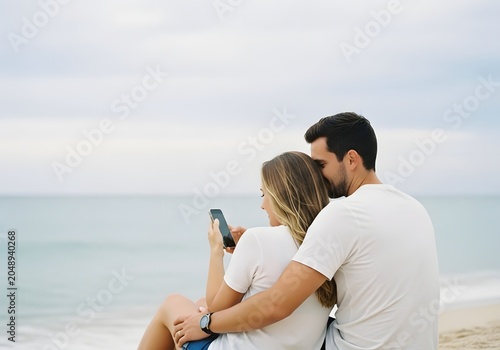 Couple sitting on the beach looking at a smartphone together
