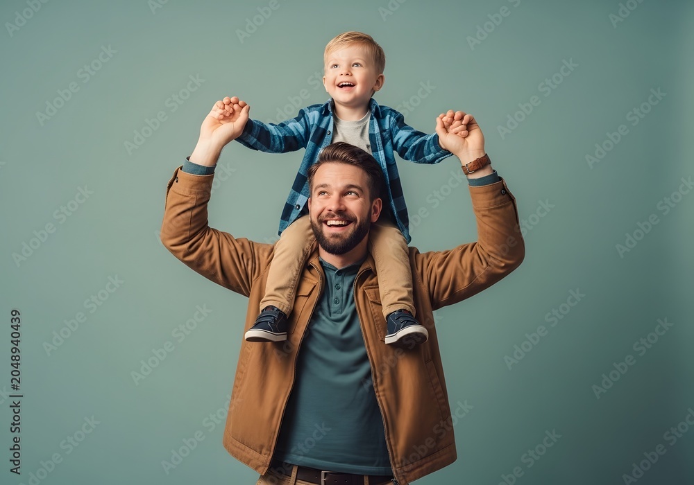 Obraz premium Happy father carrying his son on shoulders against blue background