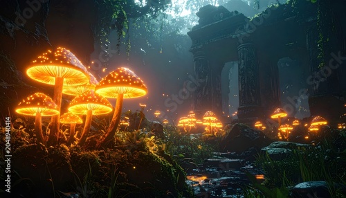 Glowing Mushrooms in Dark Forest Scene.