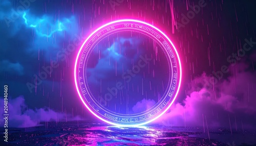 Glowing Neon Circle in Dark Fantasy Landscape.