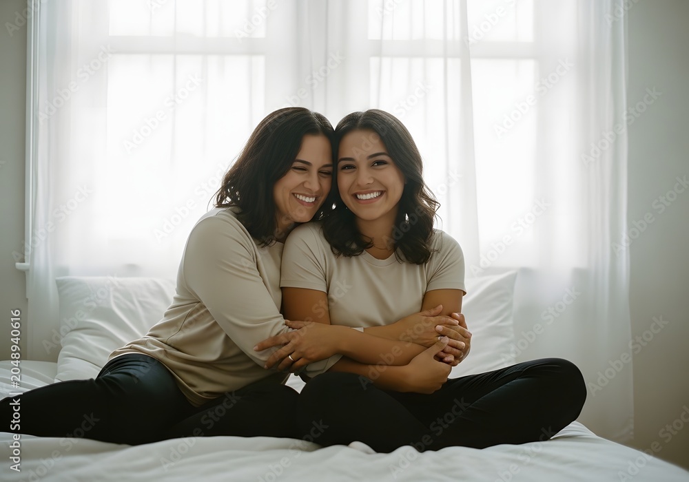 Obraz premium Happy mother and daughter embracing on a bed at home