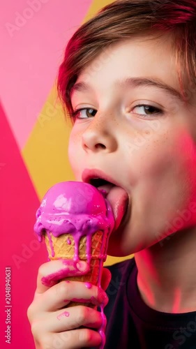Playful young boy eating a melting pink ice cream cone in a colorful yellow and pink background, threepanel portrait sequence of a messy summer treat and smiles