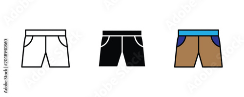 Casual shorts and summer denim fashion apparel icon set. Men swimsuit cotton khaki trunk activewear clothing, retail lifestyle bermuda garment symbol. Vector Illustration