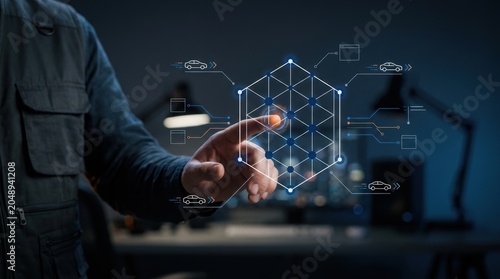 Technician touching a holographic hexagonal interface for smart vehicle fleet management and automotive tracking, automotive modern technology business concept