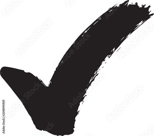 Black ink brush stroke check mark symbol on a white background