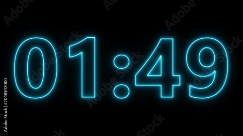 neon 2 minute countdown animation from 120 seconds to 0 seconds on a transparent background, Neon two minute countdown timer with alpha channel