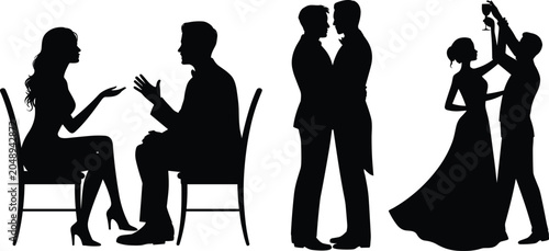Social Interaction Silhouette Collection, People Conversing, Dancing and Formal Relationship Scenes in Black and White Minimal Illustration