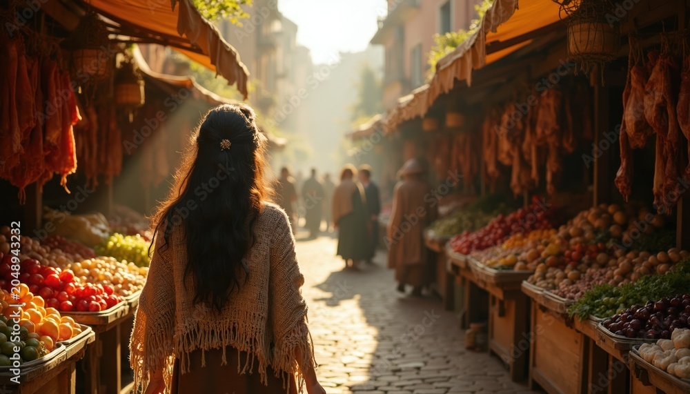 Naklejka premium Woman walks through busy medieval market street. Stalls display fresh produce and meat. People in historical costumes shop in background. Sunlight streams down cobblestone lane.