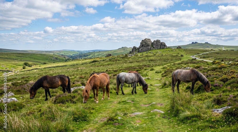 Obraz premium Wild Dartmoor Ponies grazing peacefully on a vibrant green, rolling hillside under a bright, partly cloudy blue sky with distant granite tors.
