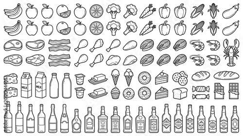 Tableau sur toile Grocery food items and drink beverage icons set design.