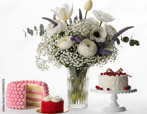 Colorful Cakes and Fresh Flowers Arrangement
