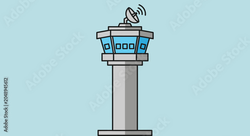 Airport Control Tower with Radar Dish and Blue Sky Background