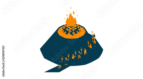Procession to Bonfire: People with Torches Marching Towards a Large Campfire