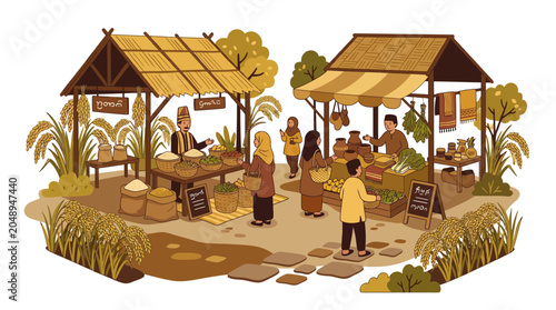 Vibrant Southeast Asian Rice Paddy Market Scene with Local Vendors and Shoppers