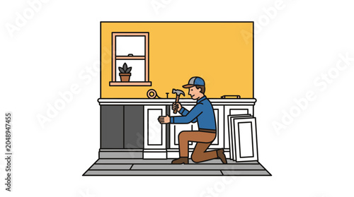 Handyman installing decorative paneling on wall with hammer, home renovation concept