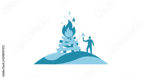 Man lighting bonfire on hill, torch, fire, blue, illustration, survival, camping
